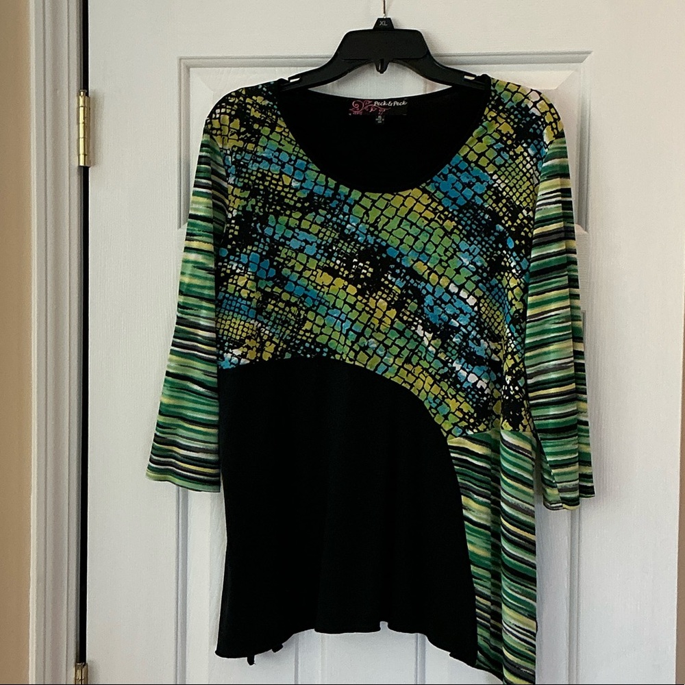 Peck & Peck Black Tunic with Green and Blue Mosaic Print